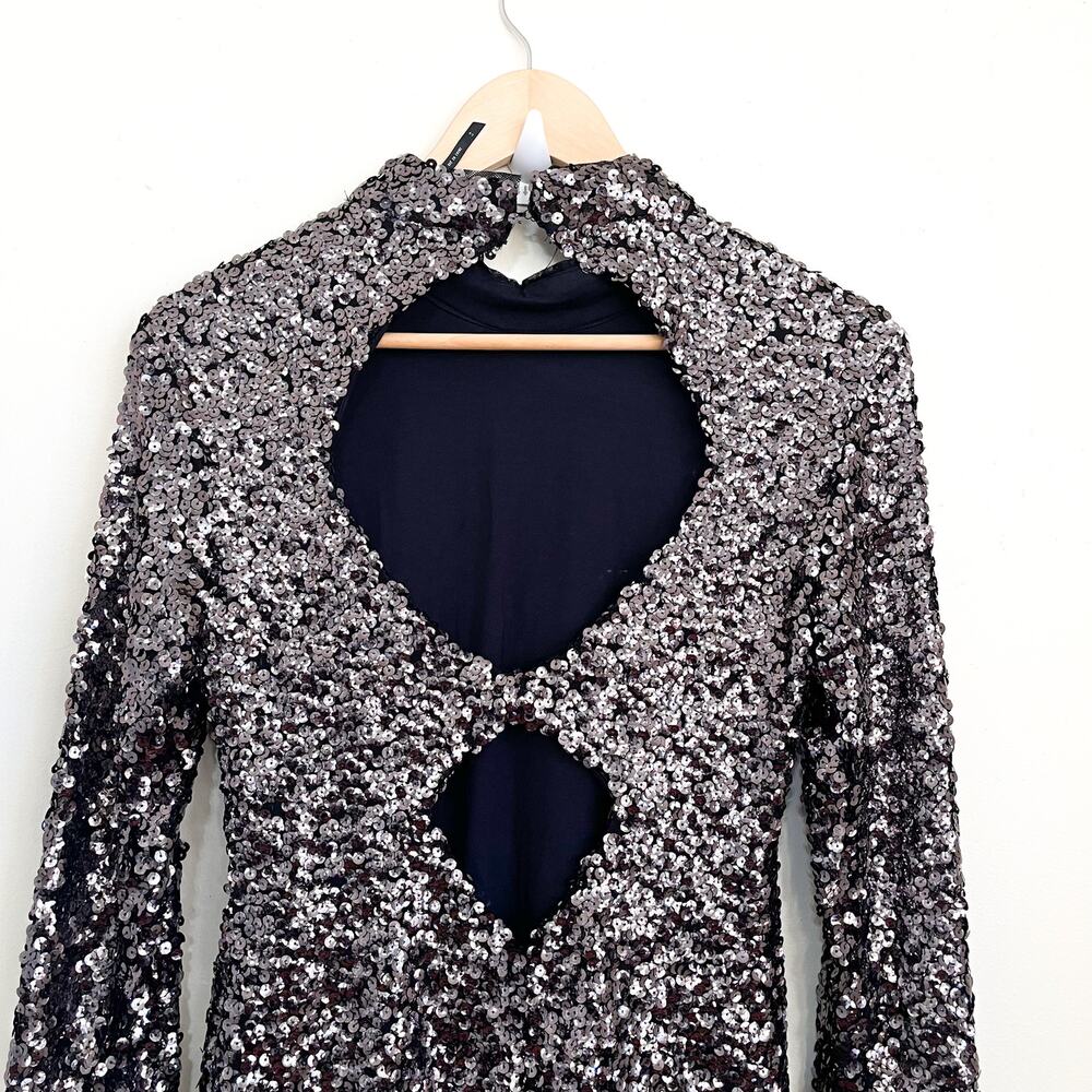 Free People Mini Dress Size S Black Sequin Disco Bell Sleeve Whimsigoth Party - Picture 4 of 8